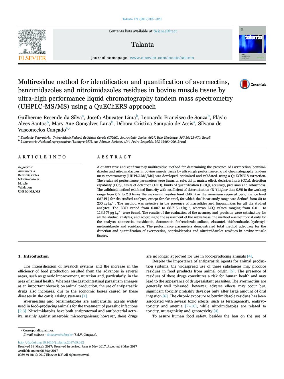 Multiresidue method for identification and quantification of avermectins, benzimidazoles and nitroimidazoles residues in bovine muscle tissue by ultra-high performance liquid chromatography tandem mass spectrometry (UHPLC-MS/MS) using a QuEChERS approach