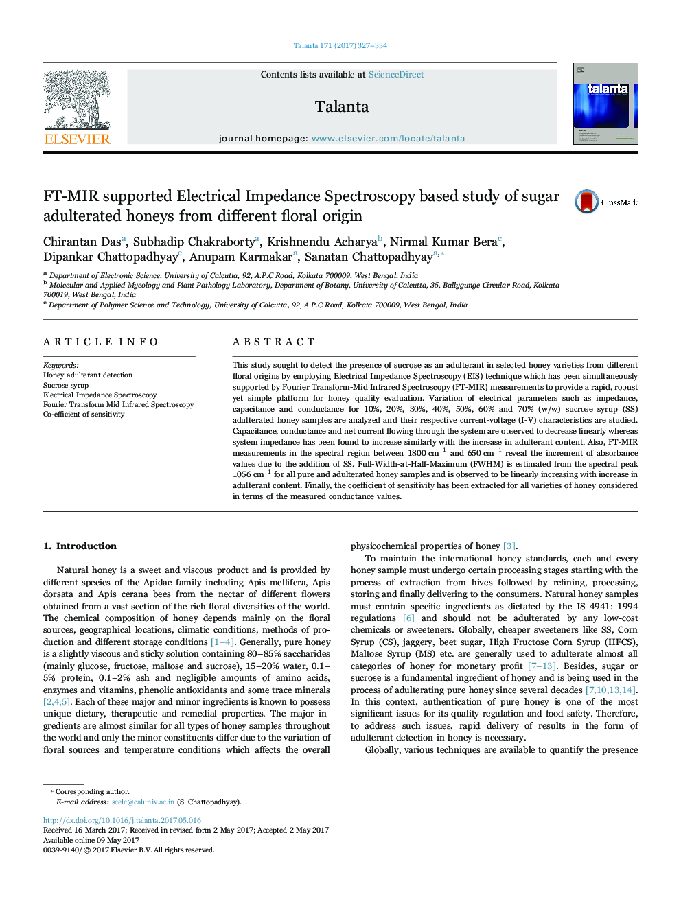 FT-MIR supported Electrical Impedance Spectroscopy based study of sugar adulterated honeys from different floral origin