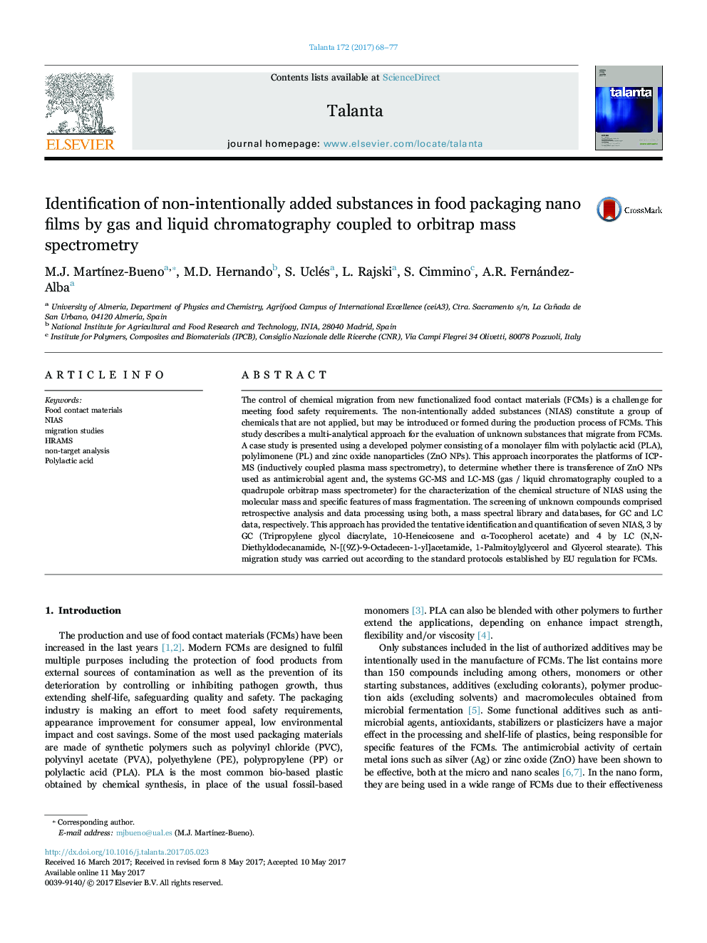 Identification of non-intentionally added substances in food packaging nano films by gas and liquid chromatography coupled to orbitrap mass spectrometry