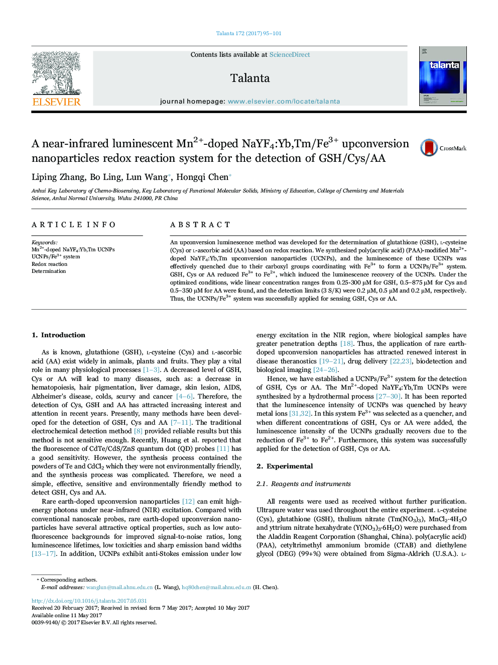 A near-infrared luminescent Mn2+-doped NaYF4:Yb,Tm/Fe3+ upconversion nanoparticles redox reaction system for the detection of GSH/Cys/AA