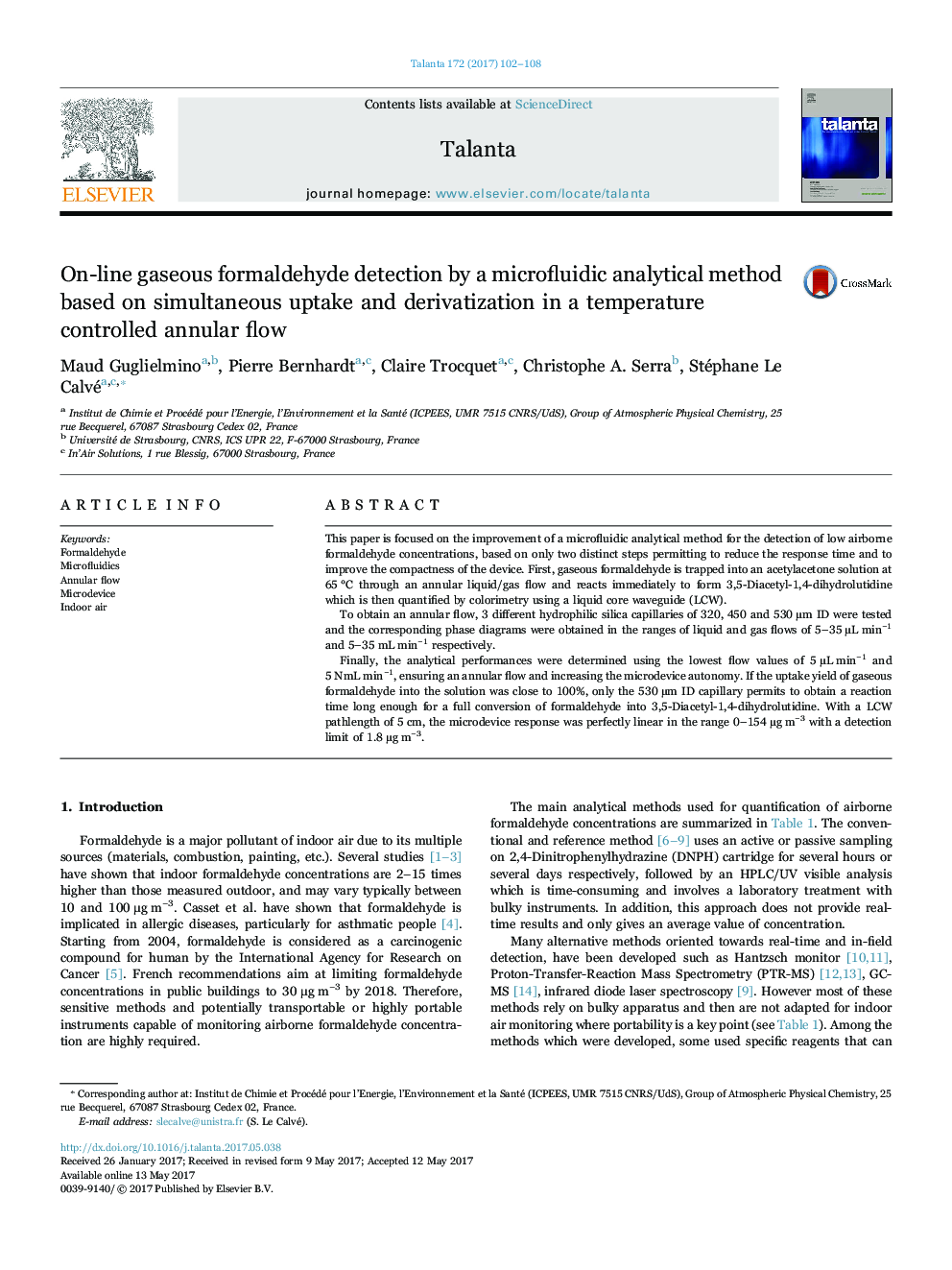 On-line gaseous formaldehyde detection by a microfluidic analytical method based on simultaneous uptake and derivatization in a temperature controlled annular flow