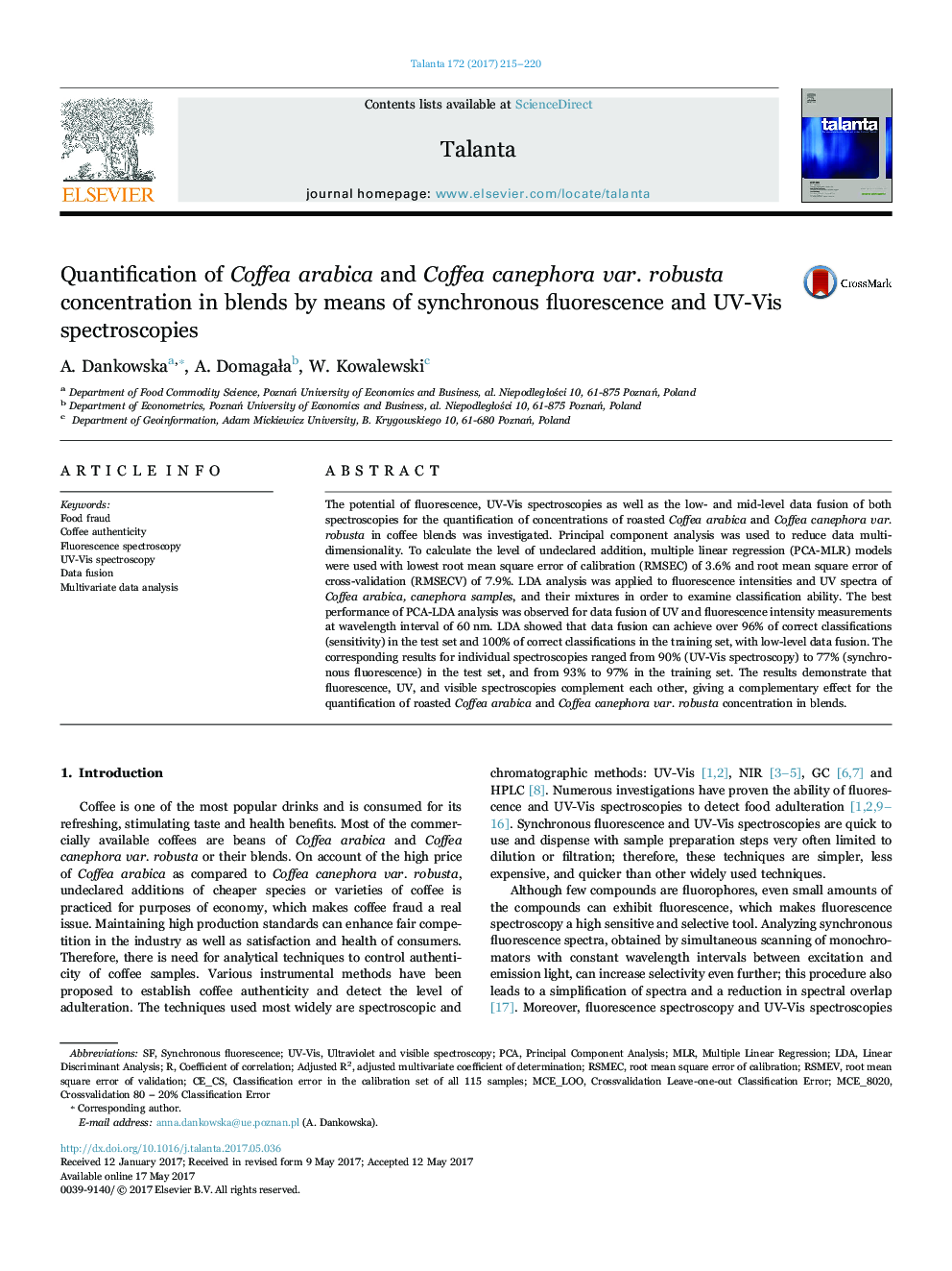 Quantification of Coffea arabica and Coffea canephora var. robusta concentration in blends by means of synchronous fluorescence and UV-Vis spectroscopies