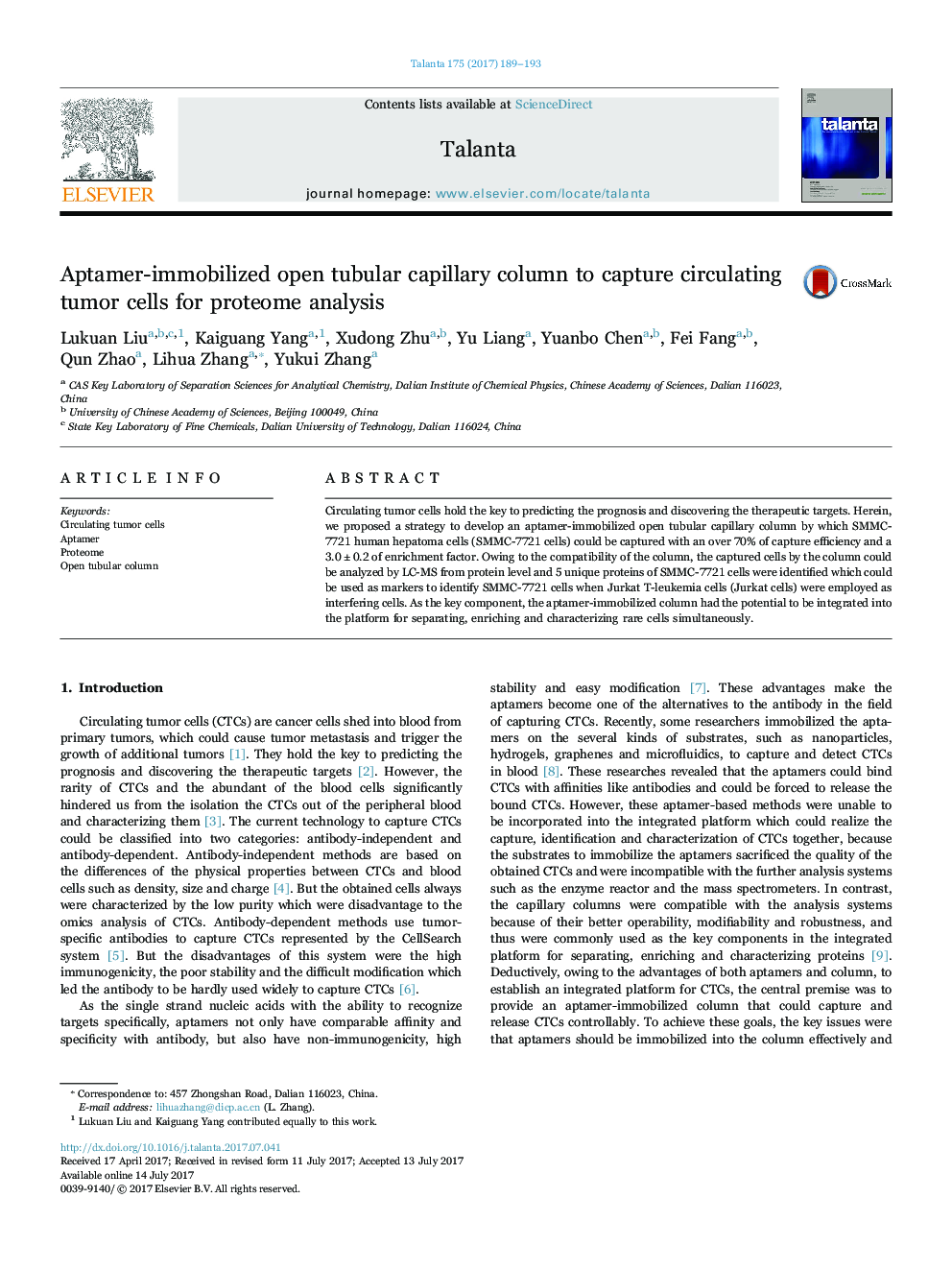 Aptamer-immobilized open tubular capillary column to capture circulating tumor cells for proteome analysis