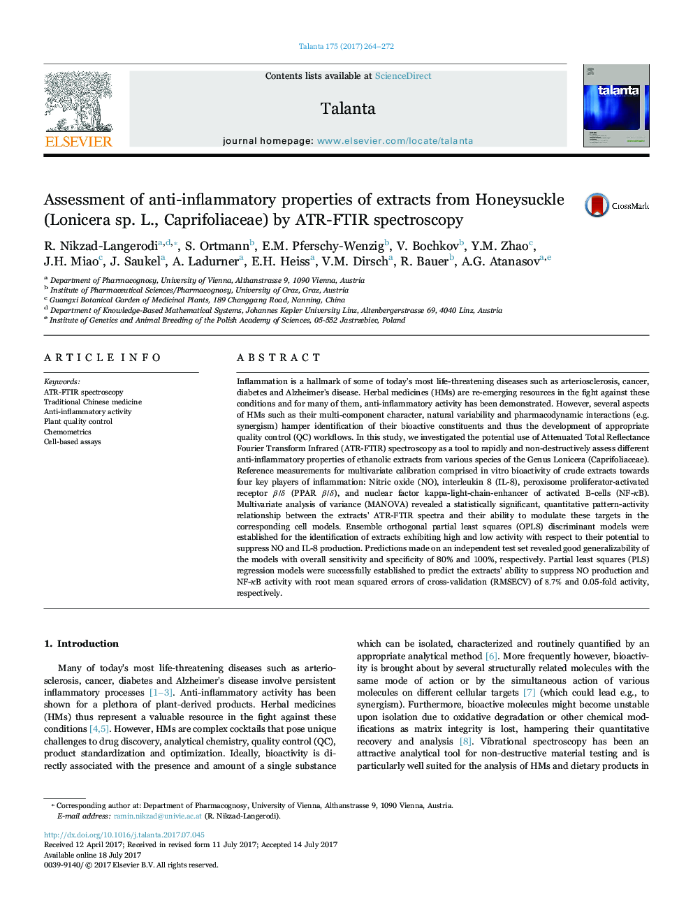 Assessment of anti-inflammatory properties of extracts from Honeysuckle (Lonicera sp. L., Caprifoliaceae) by ATR-FTIR spectroscopy