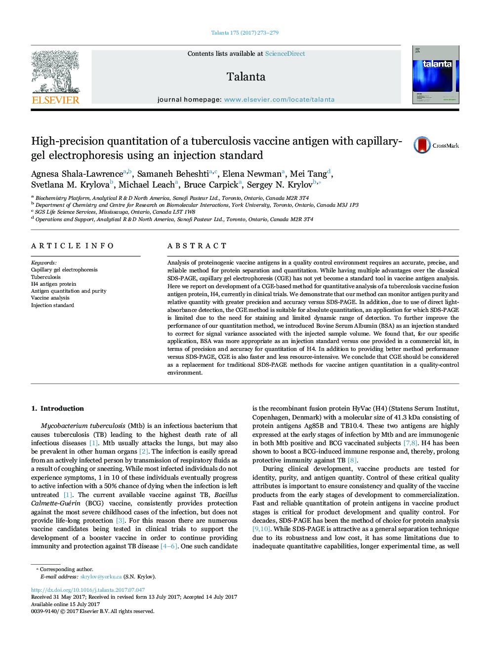 High-precision quantitation of a tuberculosis vaccine antigen with capillary-gel electrophoresis using an injection standard