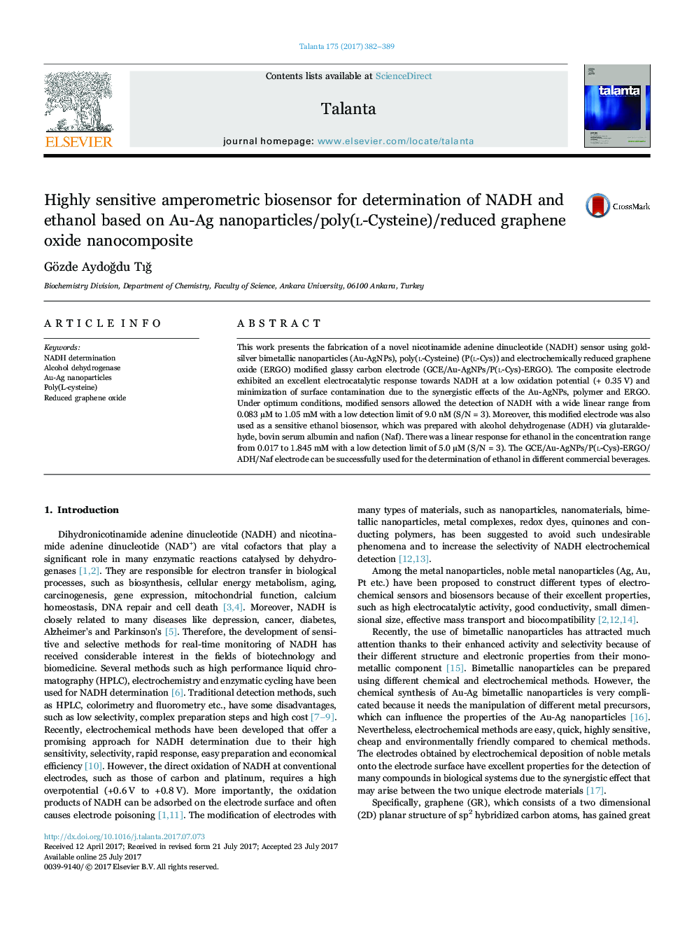 Highly sensitive amperometric biosensor for determination of NADH and ethanol based on Au-Ag nanoparticles/poly(L-Cysteine)/reduced graphene oxide nanocomposite