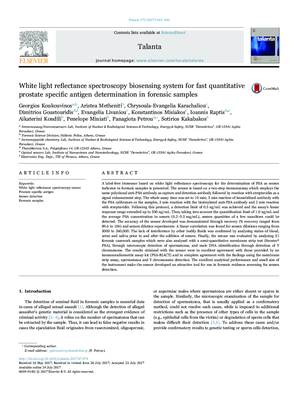 White light reflectance spectroscopy biosensing system for fast quantitative prostate specific antigen determination in forensic samples