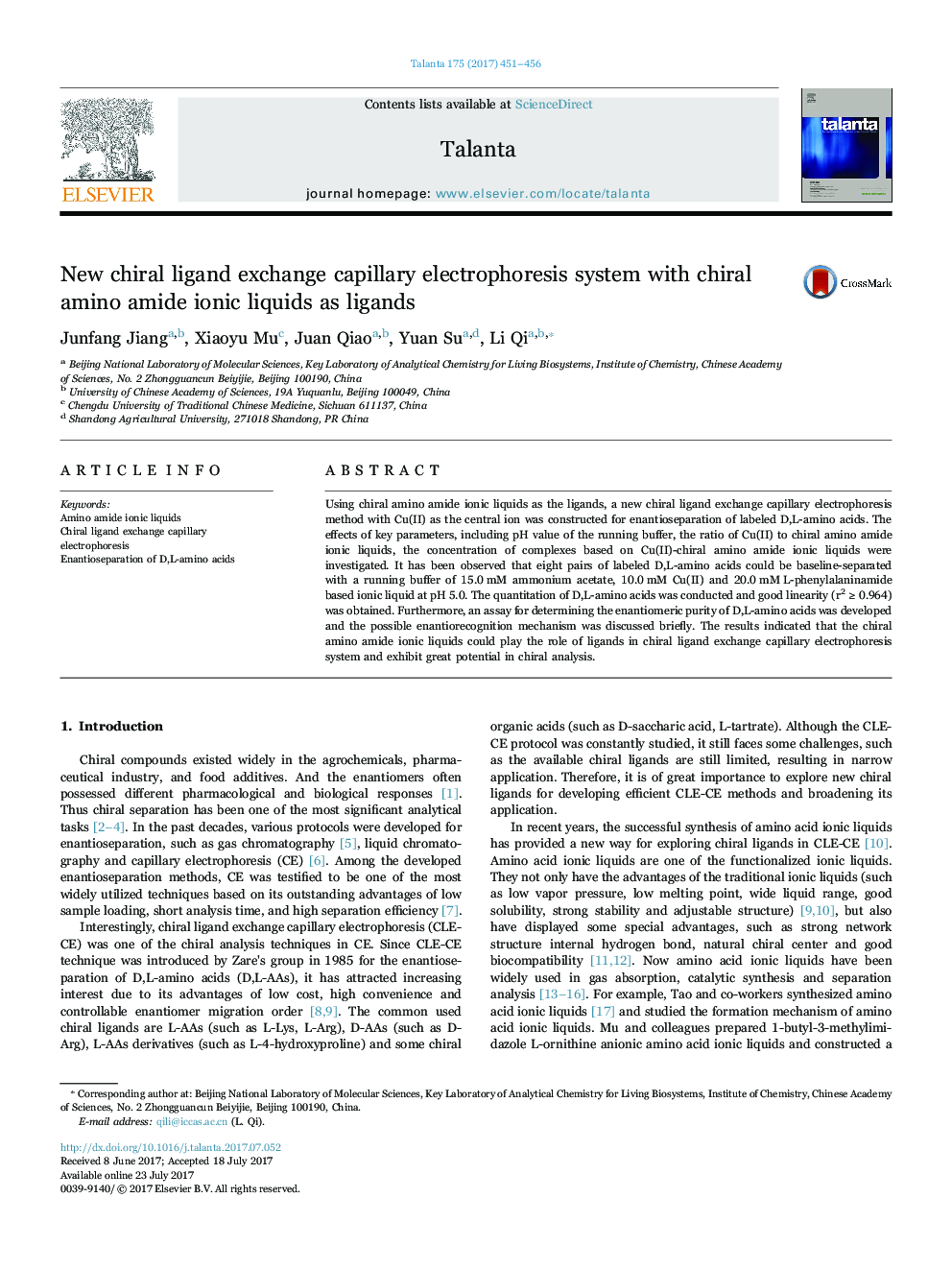 New chiral ligand exchange capillary electrophoresis system with chiral amino amide ionic liquids as ligands