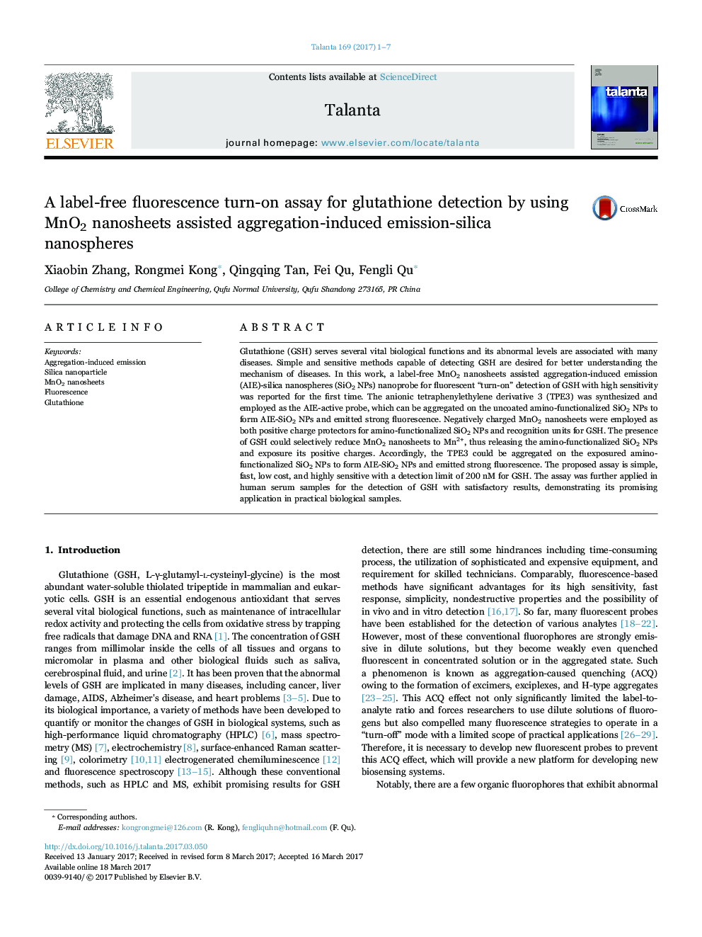 A label-free fluorescence turn-on assay for glutathione detection by using MnO2 nanosheets assisted aggregation-induced emission-silica nanospheres