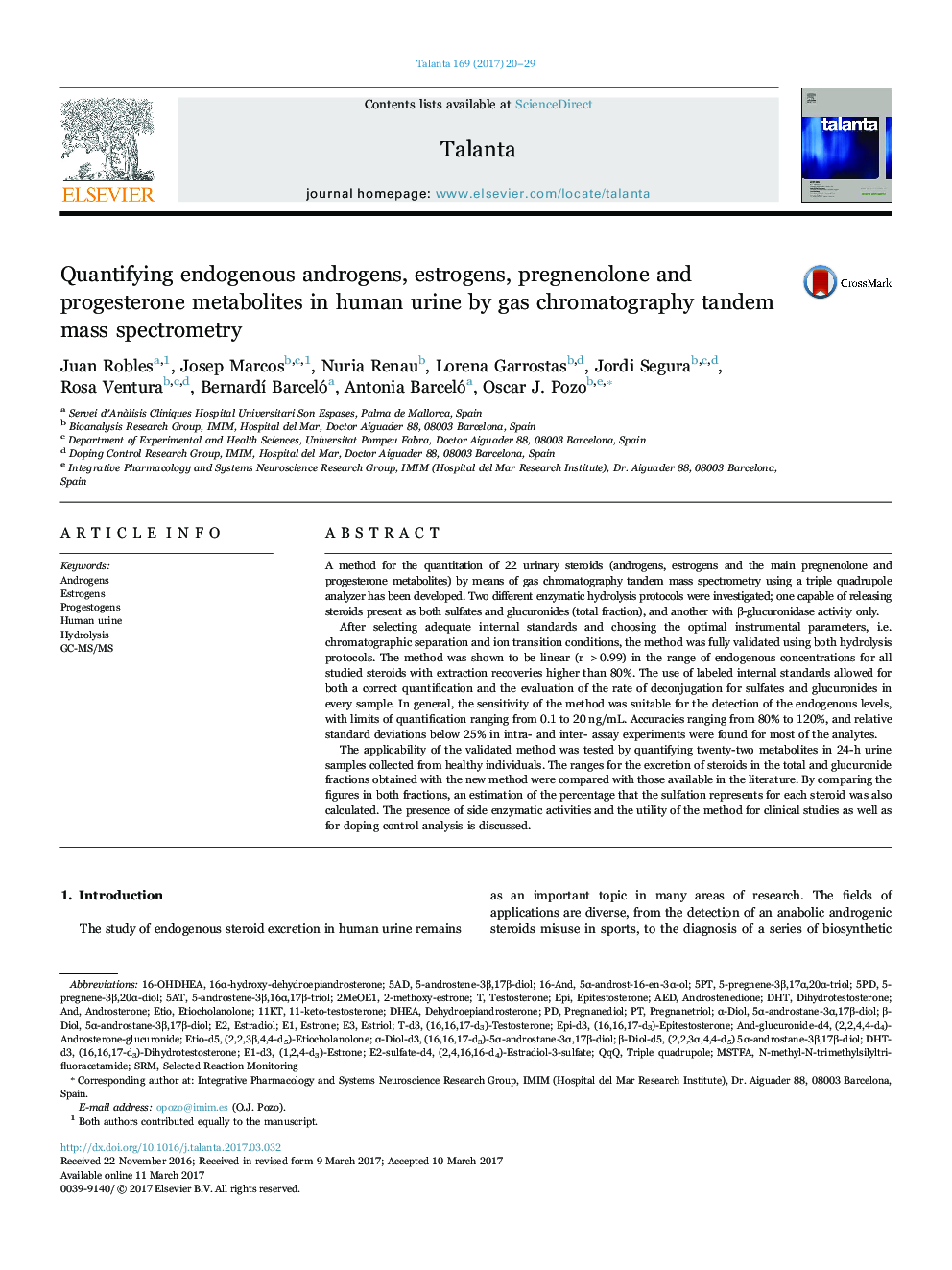 Quantifying endogenous androgens, estrogens, pregnenolone and progesterone metabolites in human urine by gas chromatography tandem mass spectrometry