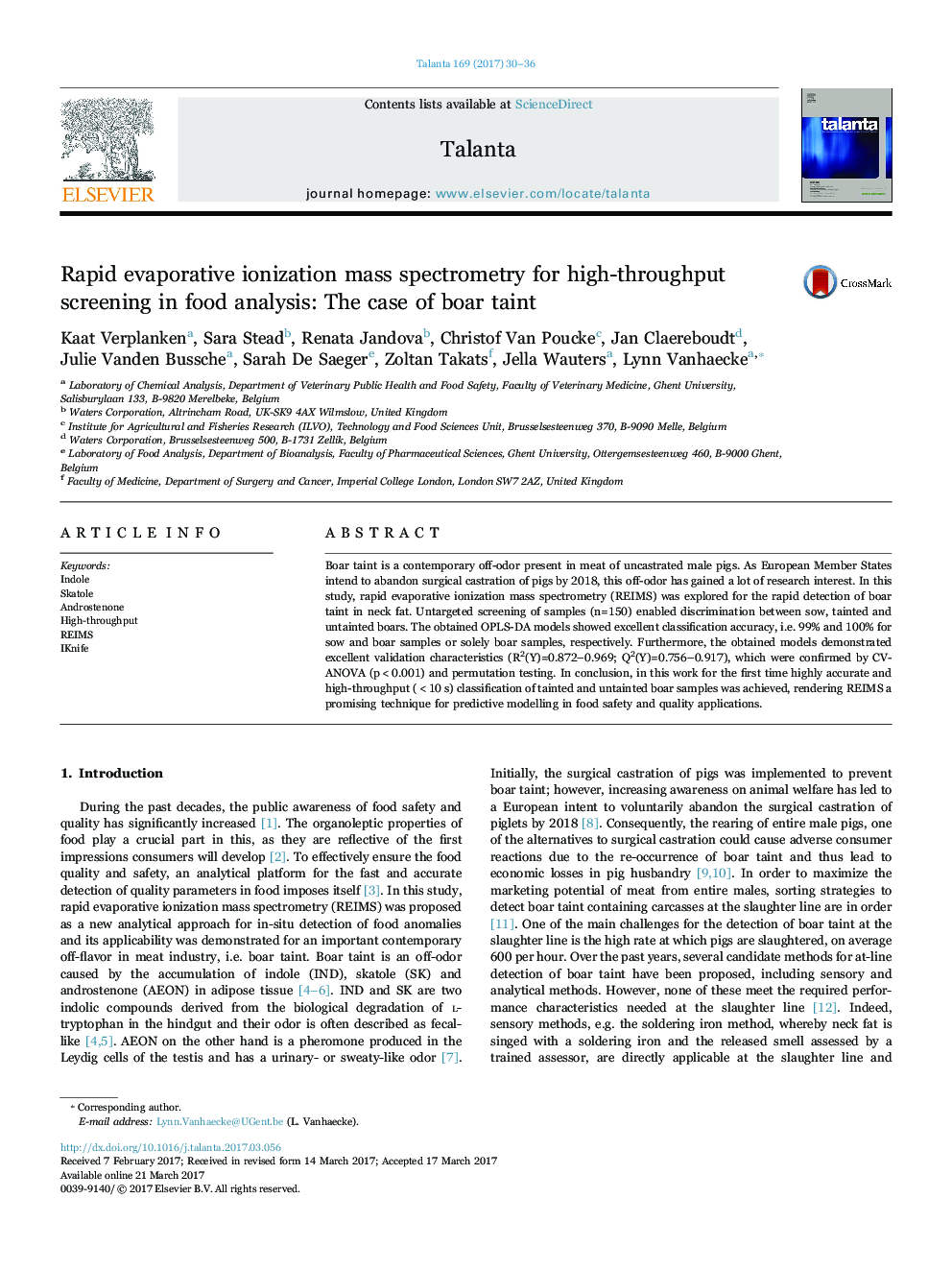 Rapid evaporative ionization mass spectrometry for high-throughput screening in food analysis: The case of boar taint