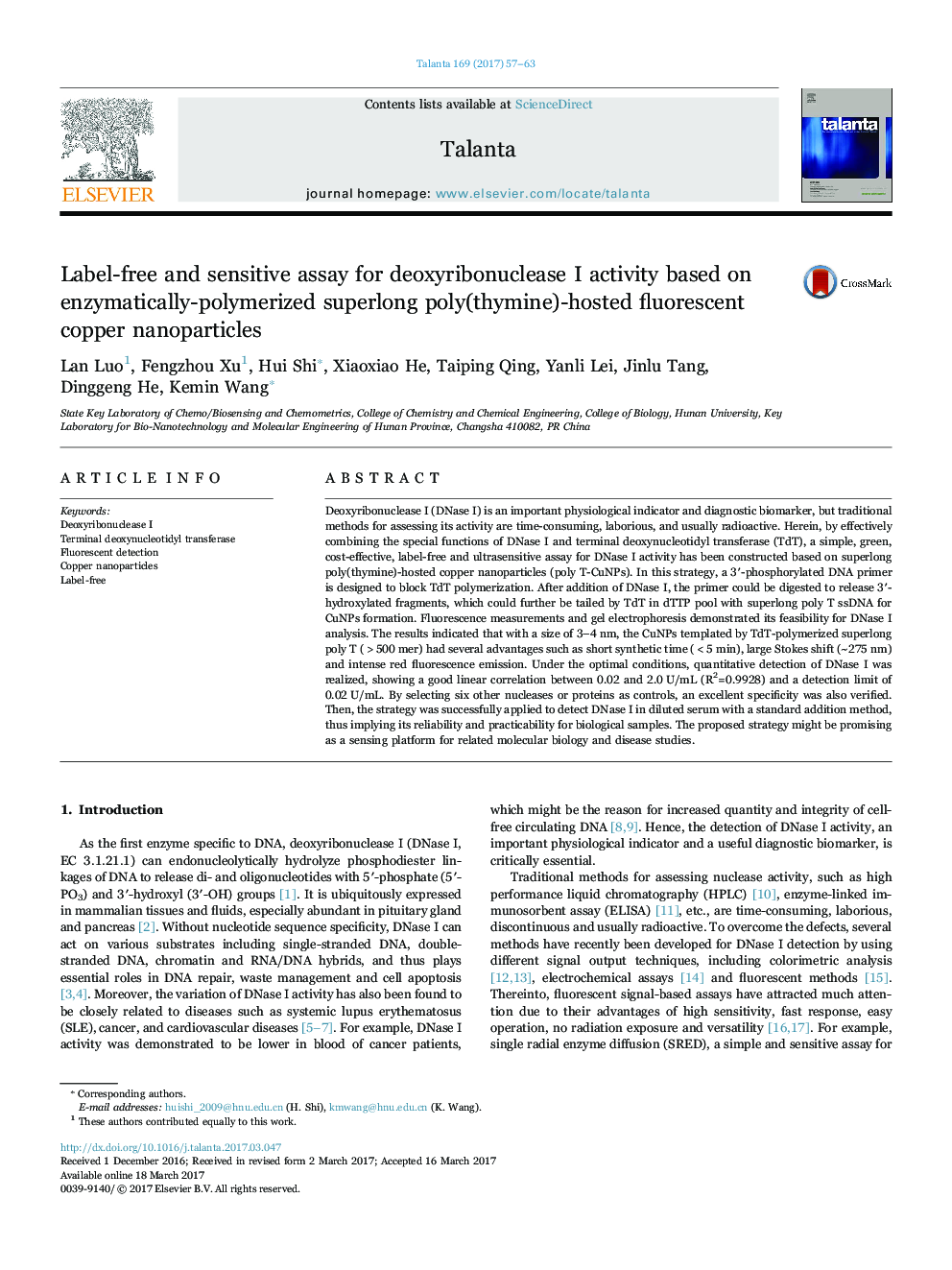 Label-free and sensitive assay for deoxyribonuclease I activity based on enzymatically-polymerized superlong poly(thymine)-hosted fluorescent copper nanoparticles