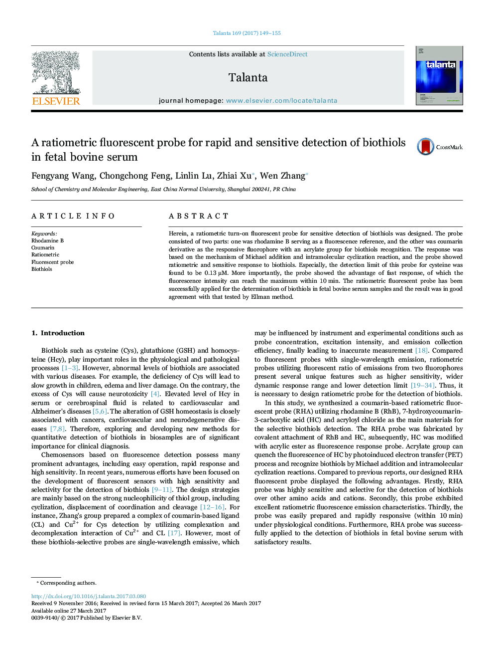 A ratiometric fluorescent probe for rapid and sensitive detection of biothiols in fetal bovine serum