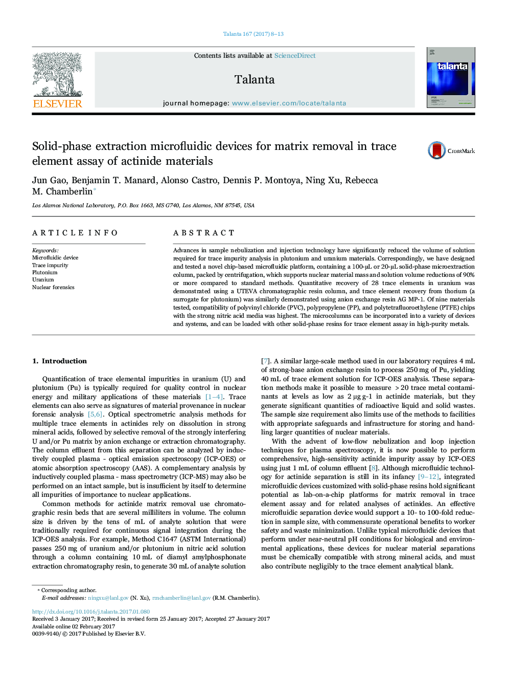 Solid-phase extraction microfluidic devices for matrix removal in trace element assay of actinide materials