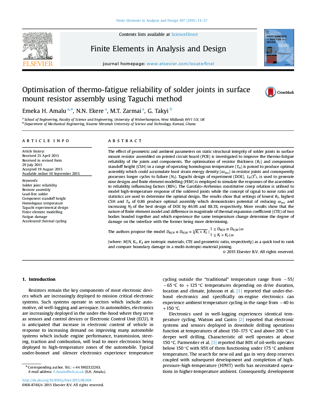 Optimisation of thermo-fatigue reliability of solder joints in surface mount resistor assembly using Taguchi method