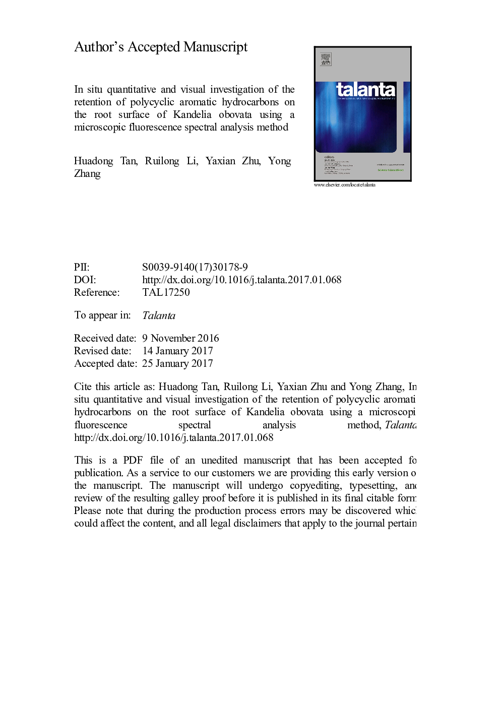 In situ quantitative and visual investigation of the retention of polycyclic aromatic hydrocarbons on the root surface of Kandelia obovata using a microscopic fluorescence spectral analysis method