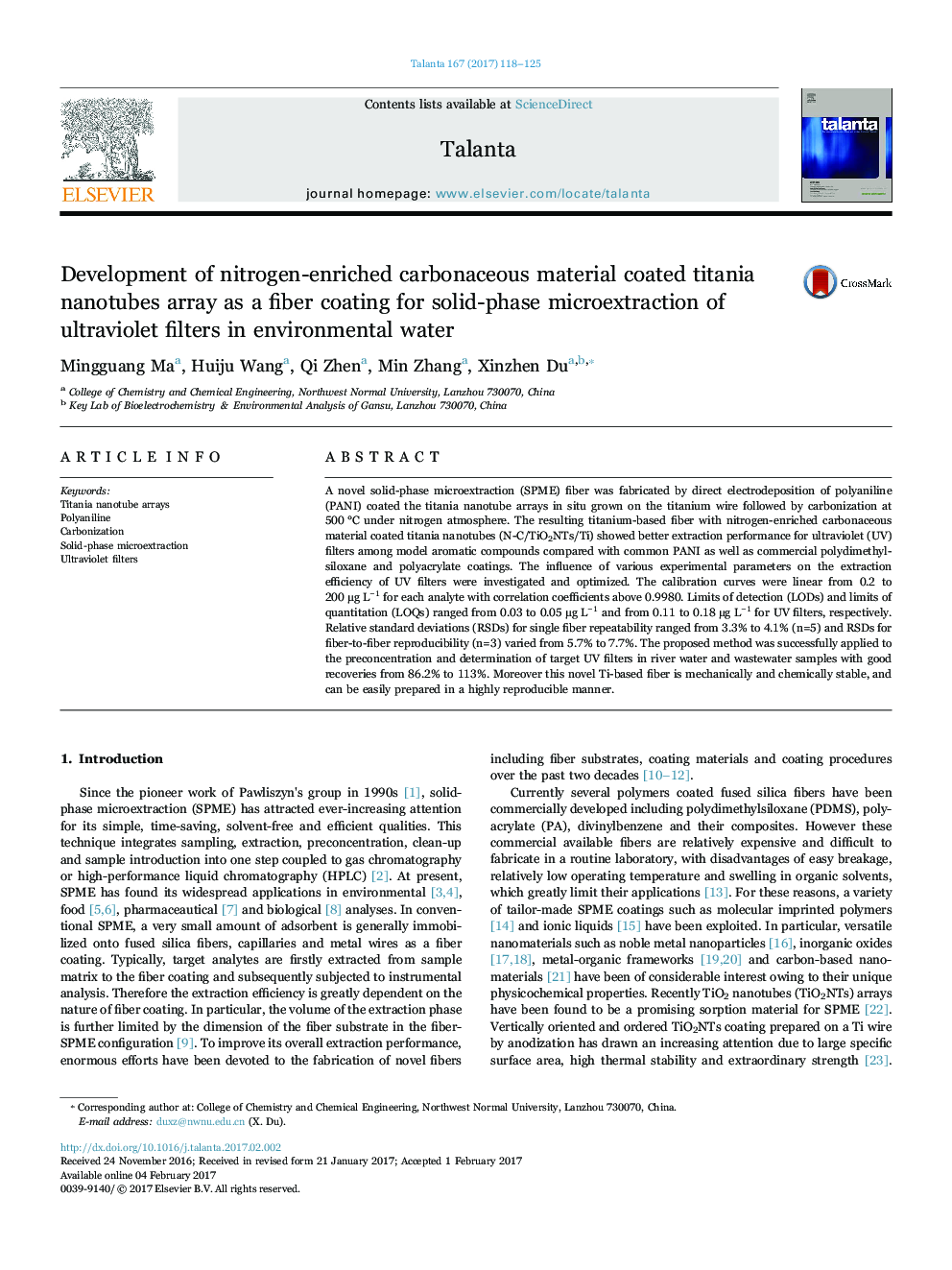 Development of nitrogen-enriched carbonaceous material coated titania nanotubes array as a fiber coating for solid-phase microextraction of ultraviolet filters in environmental water