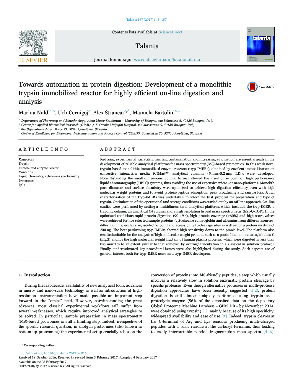 Towards automation in protein digestion: Development of a monolithic trypsin immobilized reactor for highly efficient on-line digestion and analysis