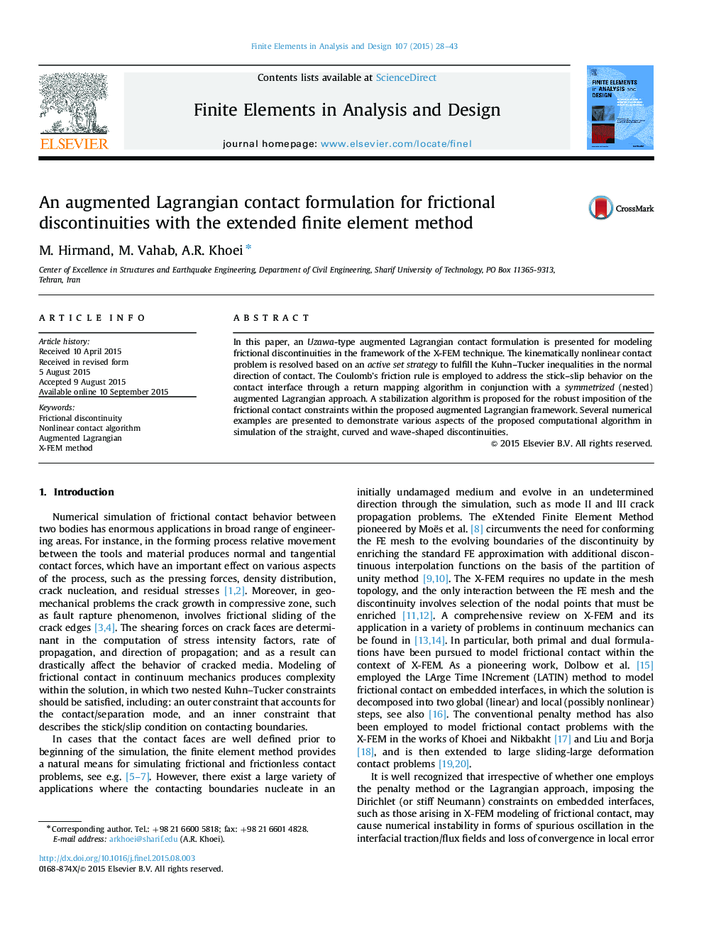 An augmented Lagrangian contact formulation for frictional discontinuities with the extended finite element method