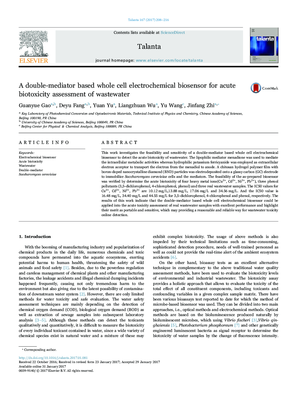 A double-mediator based whole cell electrochemical biosensor for acute biotoxicity assessment of wastewater