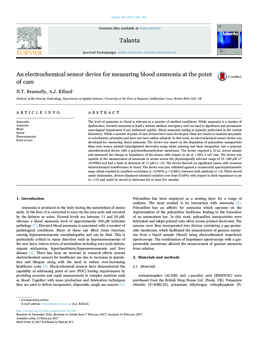 An electrochemical sensor device for measuring blood ammonia at the point of care