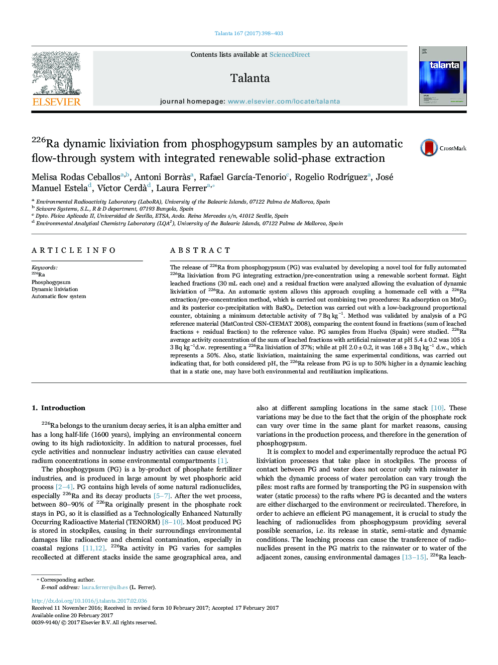 226Ra dynamic lixiviation from phosphogypsum samples by an automatic flow-through system with integrated renewable solid-phase extraction