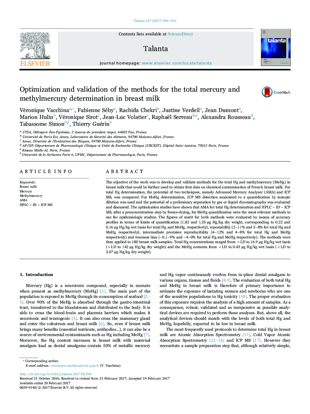 عکس صفحه اول مقاله: Optimization and validation of the methods for the total mercury and methylmercury determination in breast milk Optimization and validation of the methods for the total mercury and methylmercury determination in breast milk