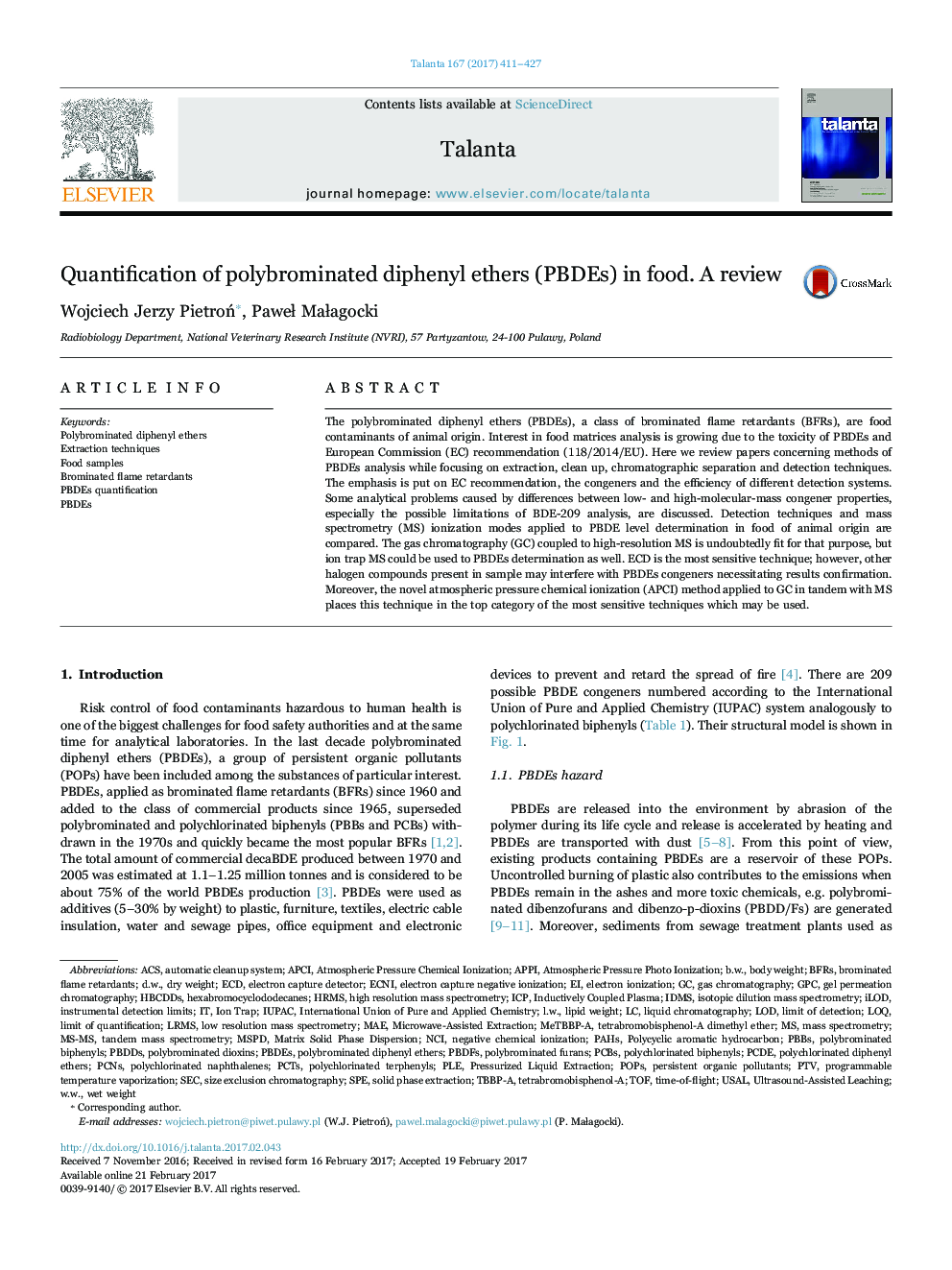 Quantification of polybrominated diphenyl ethers (PBDEs) in food. A review