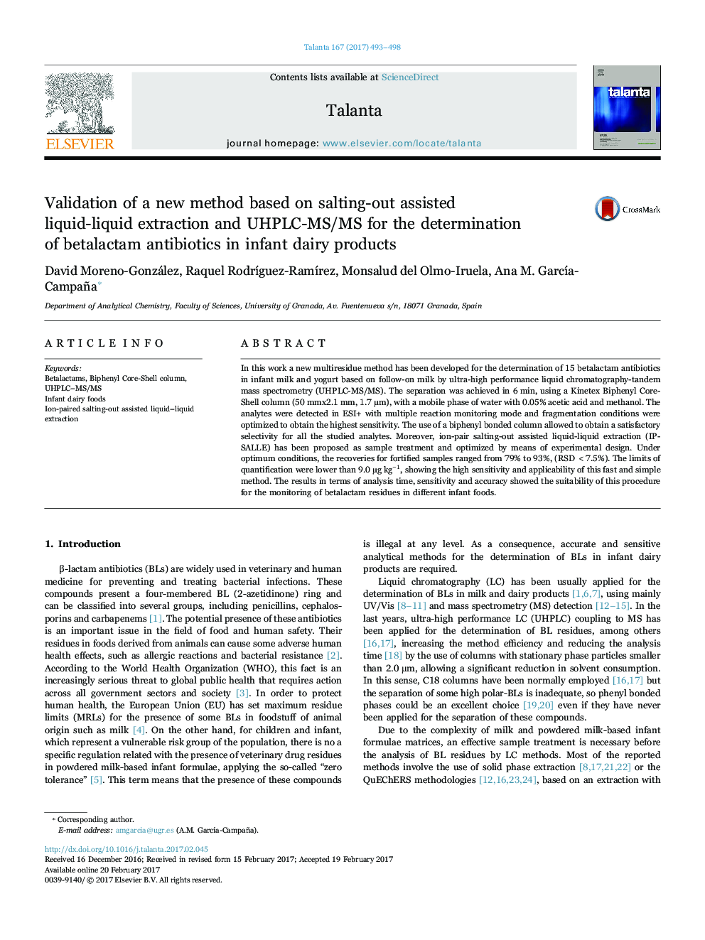 Validation of a new method based on salting-out assisted liquid-liquid extraction and UHPLC-MS/MS for the determination of betalactam antibiotics in infant dairy products
