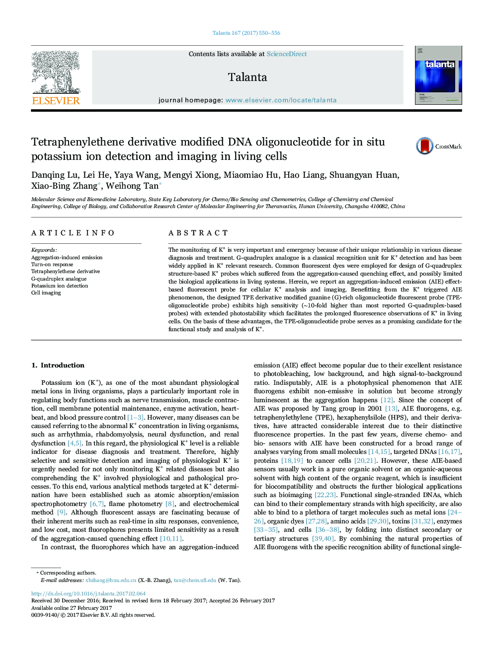 Tetraphenylethene derivative modified DNA oligonucleotide for in situ potassium ion detection and imaging in living cells