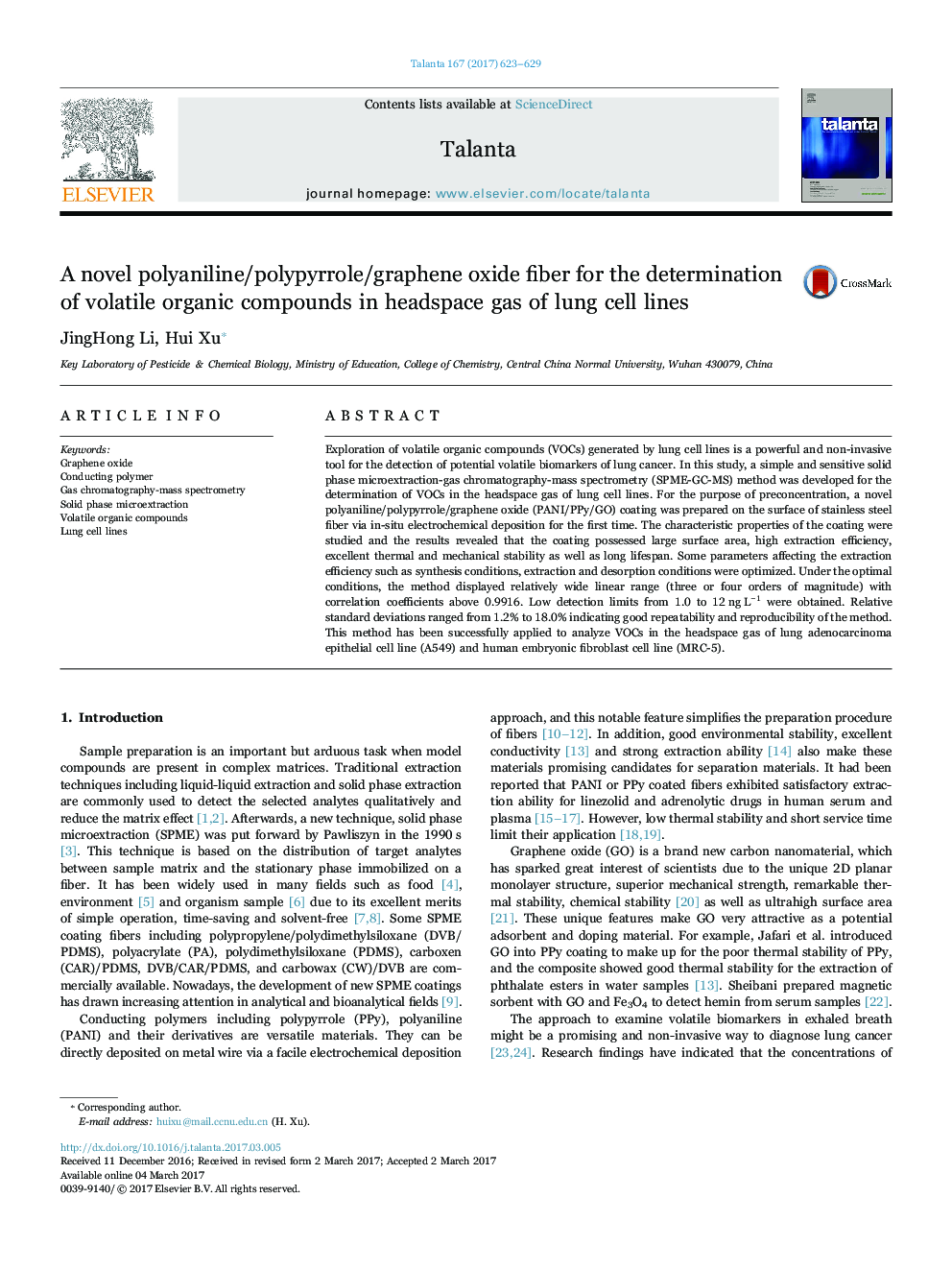 A novel polyaniline/polypyrrole/graphene oxide fiber for the determination of volatile organic compounds in headspace gas of lung cell lines