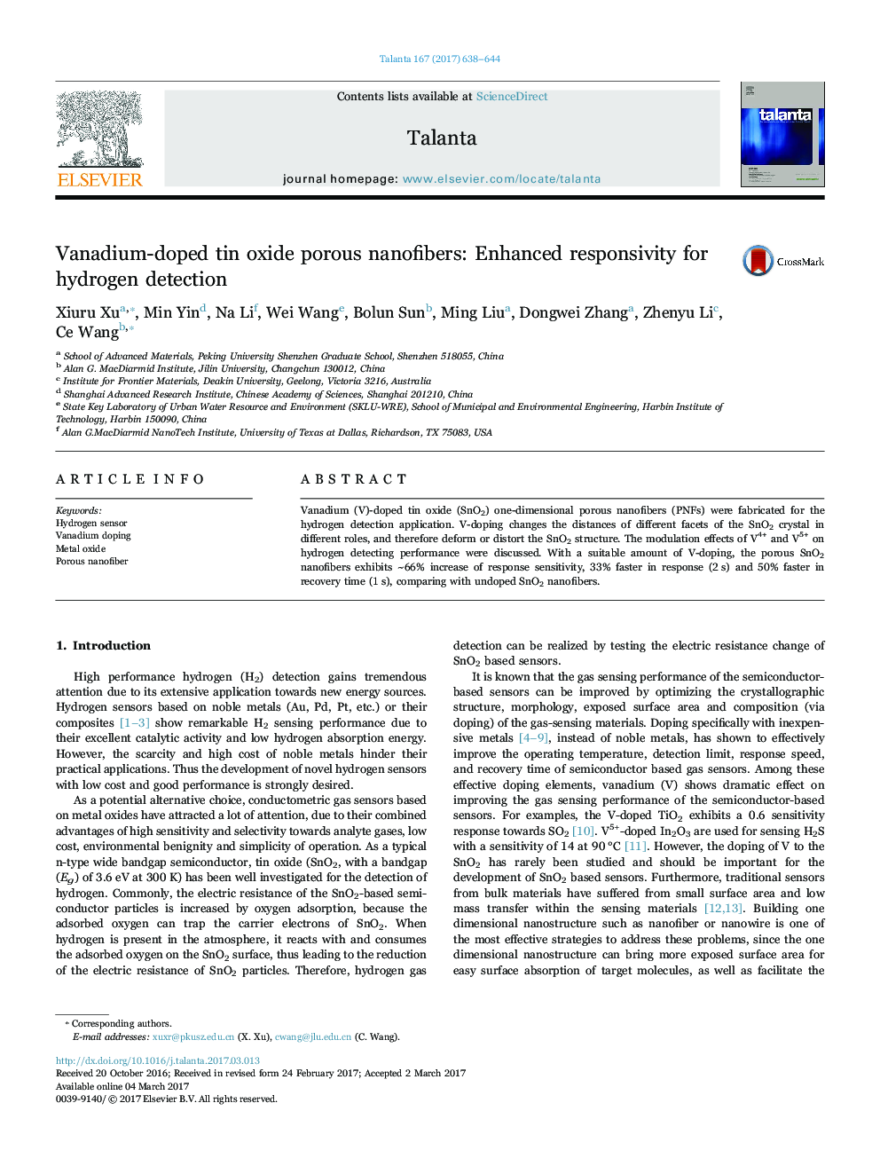 Vanadium-doped tin oxide porous nanofibers: Enhanced responsivity for hydrogen detection