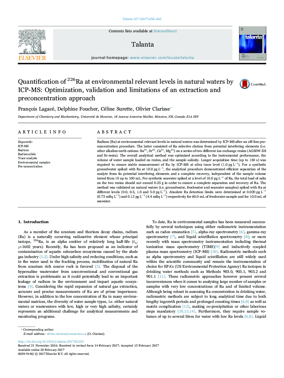 Quantification of 226Ra at environmental relevant levels in natural waters by ICP-MS: Optimization, validation and limitations of an extraction and preconcentration approach