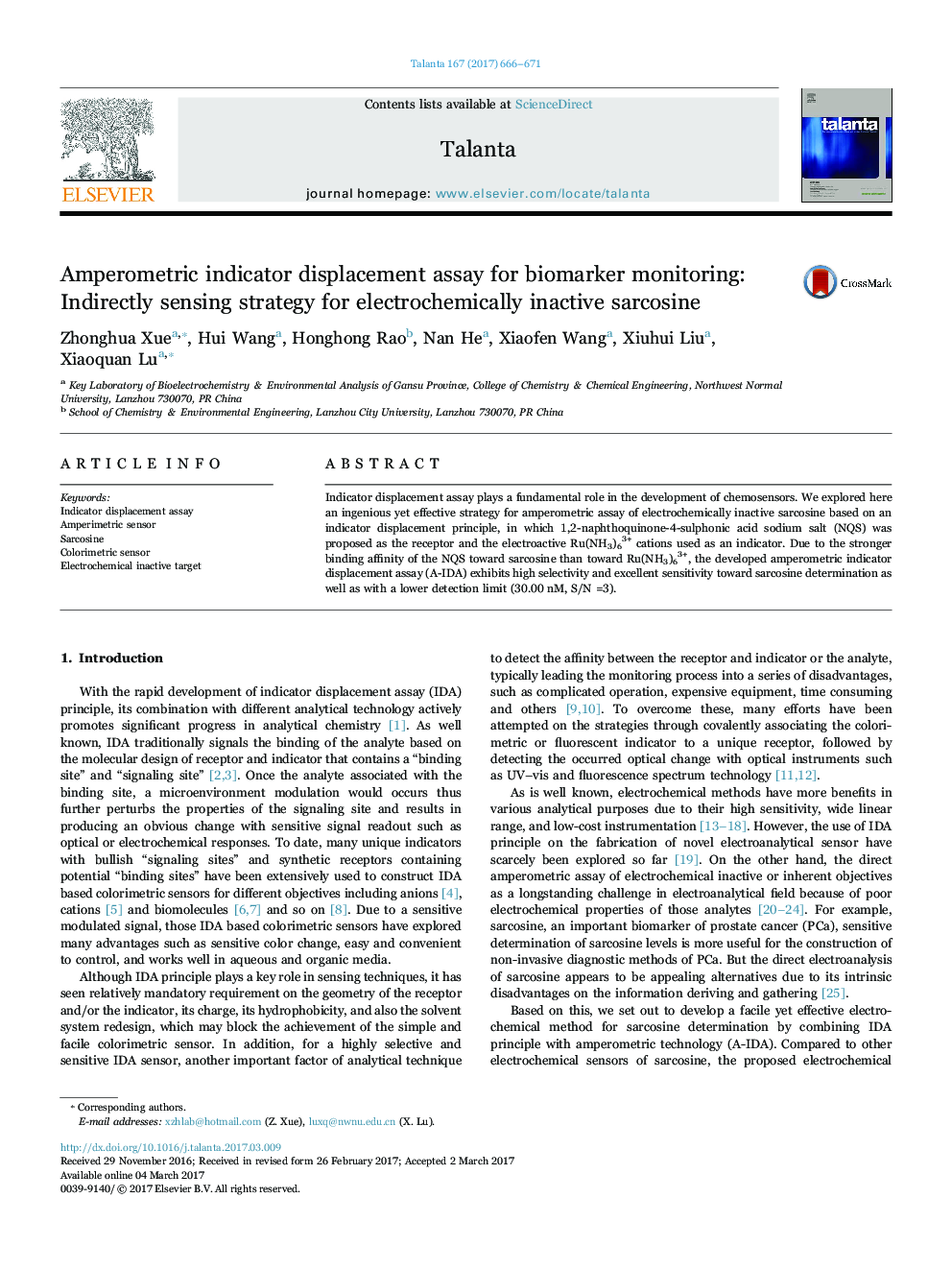 Amperometric indicator displacement assay for biomarker monitoring: Indirectly sensing strategy for electrochemically inactive sarcosine