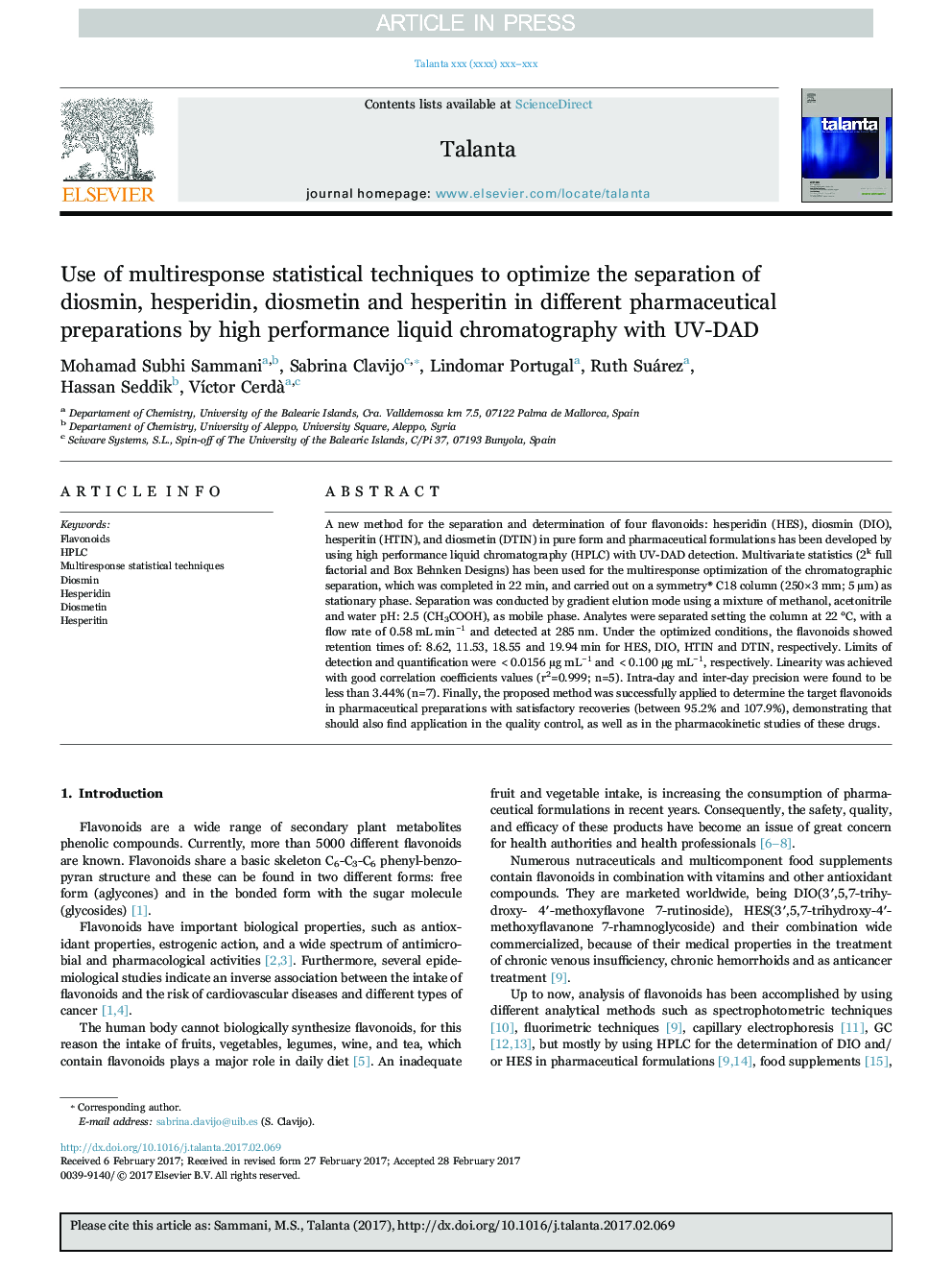 Use of multiresponse statistical techniques to optimize the separation of diosmin, hesperidin, diosmetin and hesperitin in different pharmaceutical preparations by high performance liquid chromatography with UV-DAD