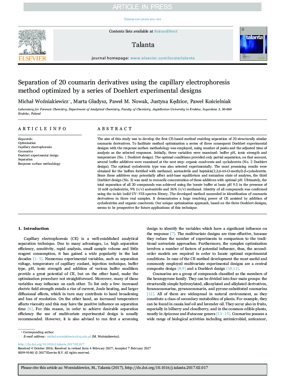 Separation of 20 coumarin derivatives using the capillary electrophoresis method optimized by a series of Doehlert experimental designs