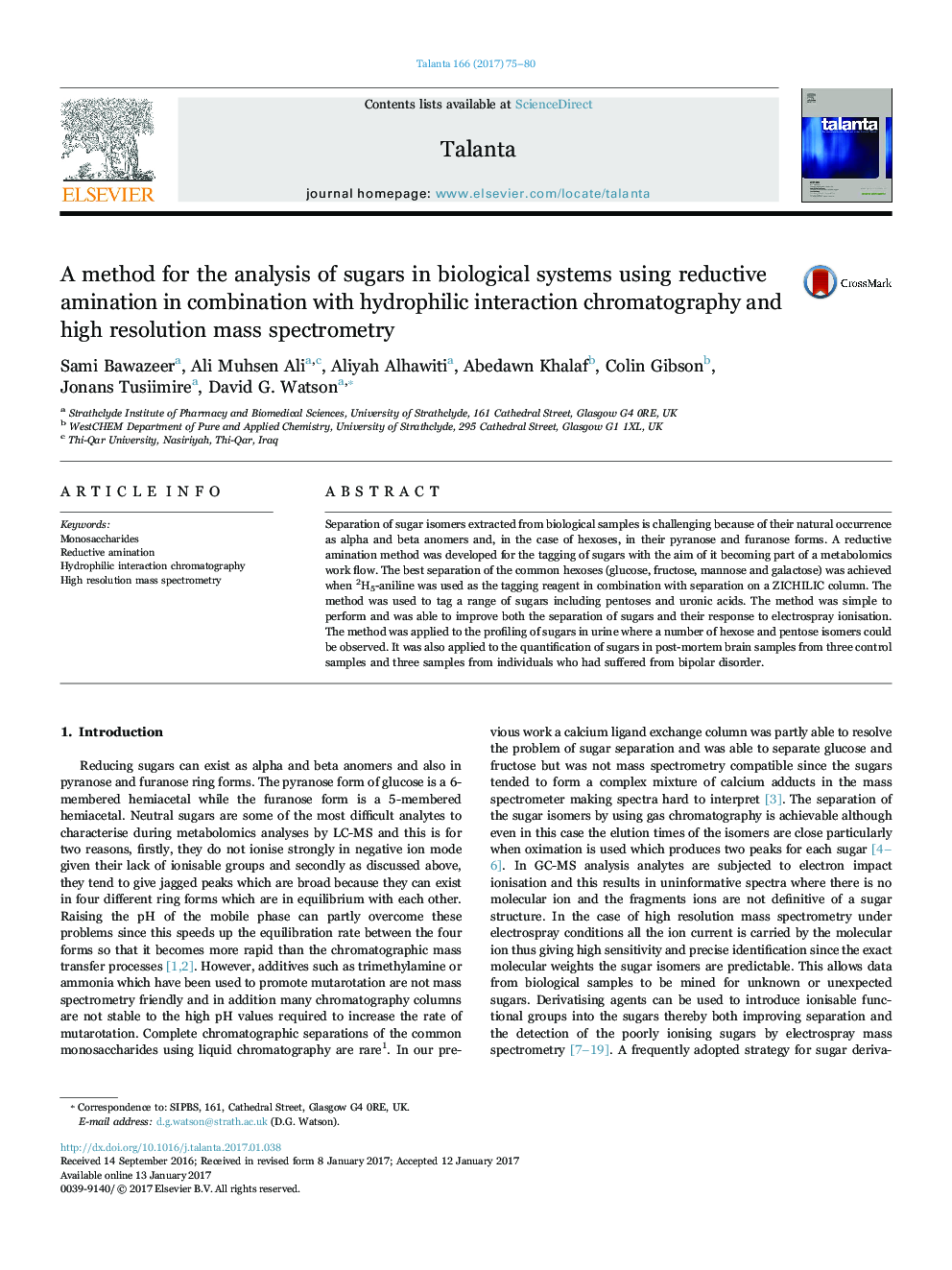 A method for the analysis of sugars in biological systems using reductive amination in combination with hydrophilic interaction chromatography and high resolution mass spectrometry