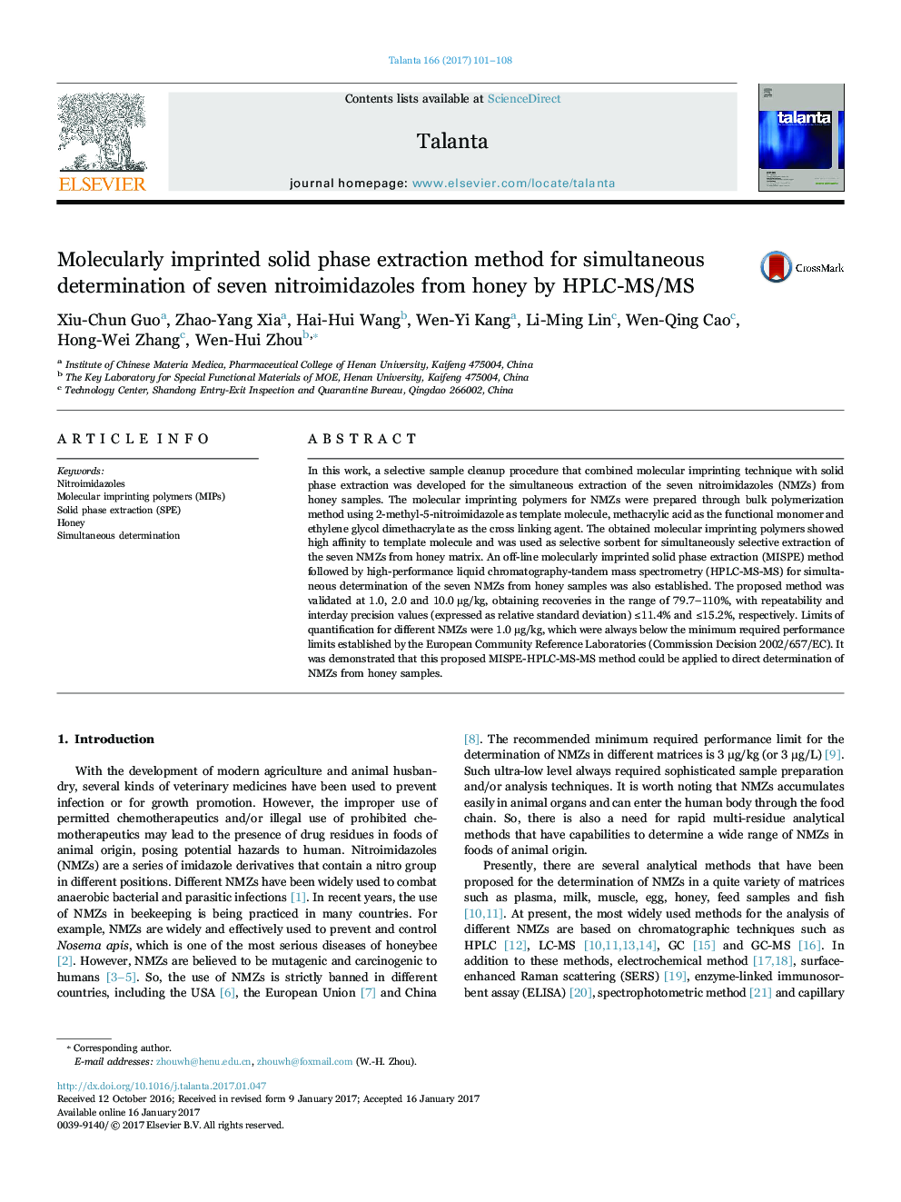 Molecularly imprinted solid phase extraction method for simultaneous determination of seven nitroimidazoles from honey by HPLC-MS/MS