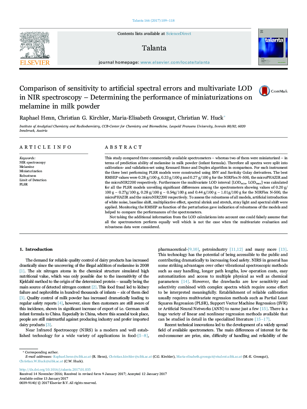 Comparison of sensitivity to artificial spectral errors and multivariate LOD in NIR spectroscopy - Determining the performance of miniaturizations on melamine in milk powder