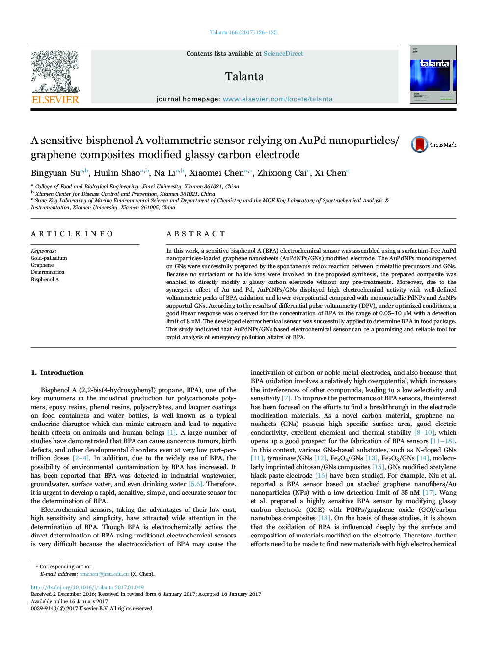 A sensitive bisphenol A voltammetric sensor relying on AuPd nanoparticles/graphene composites modified glassy carbon electrode