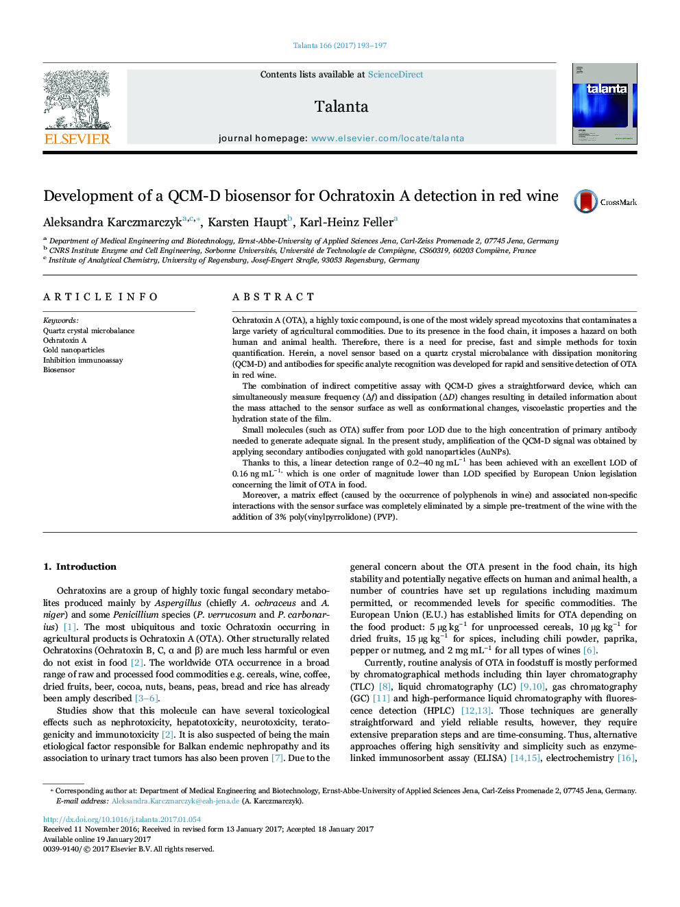 Development of a QCM-D biosensor for Ochratoxin A detection in red wine