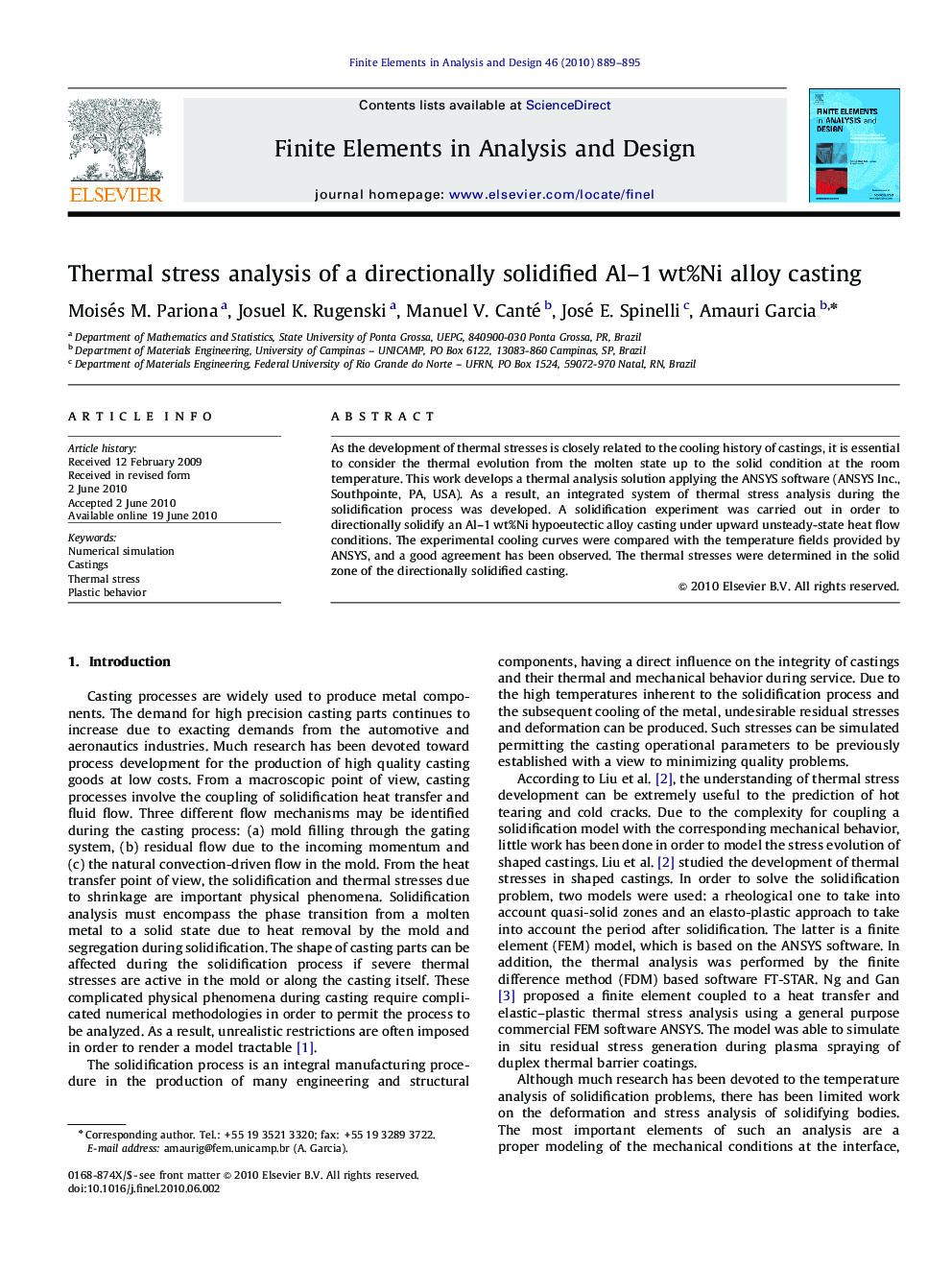 Thermal stress analysis of a directionally solidified Al–1 wt%Ni alloy casting