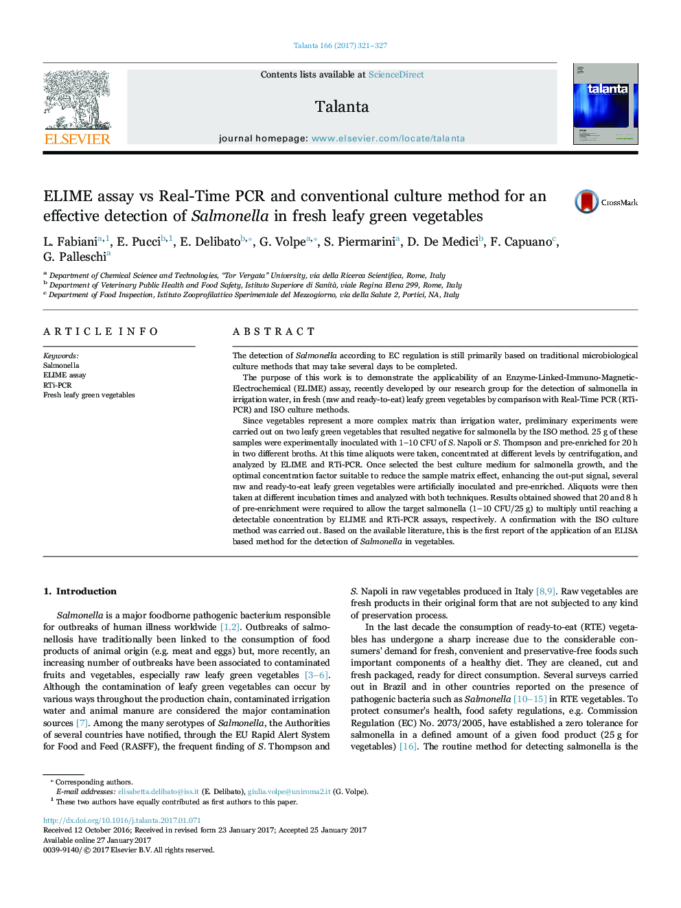 ELIME assay vs Real-Time PCR and conventional culture method for an effective detection of Salmonella in fresh leafy green vegetables