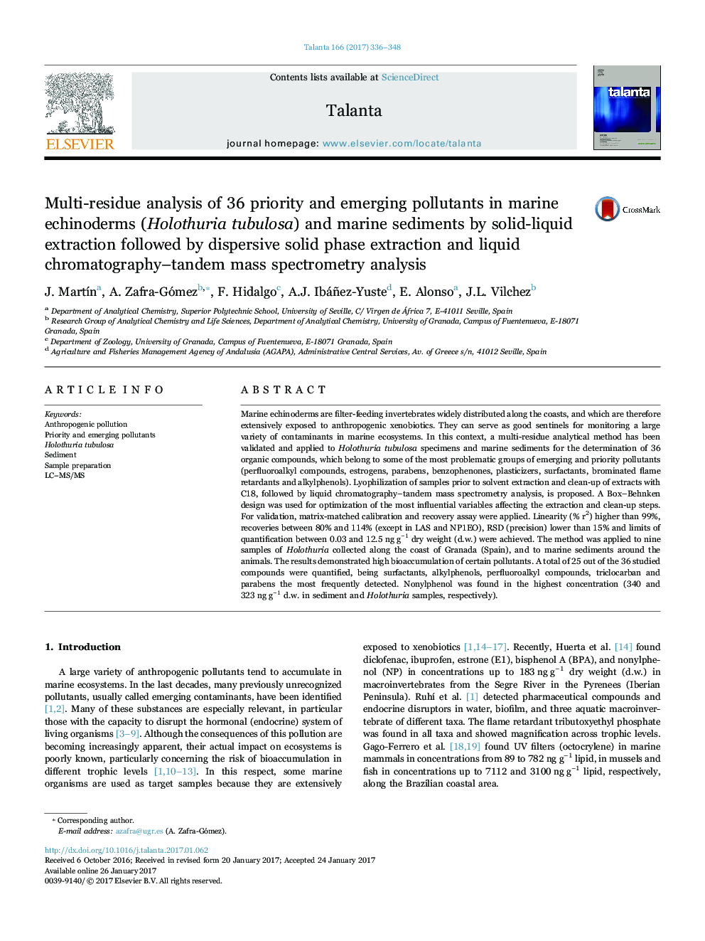 Multi-residue analysis of 36 priority and emerging pollutants in marine echinoderms (Holothuria tubulosa) and marine sediments by solid-liquid extraction followed by dispersive solid phase extraction and liquid chromatography-tandem mass spectrometry anal