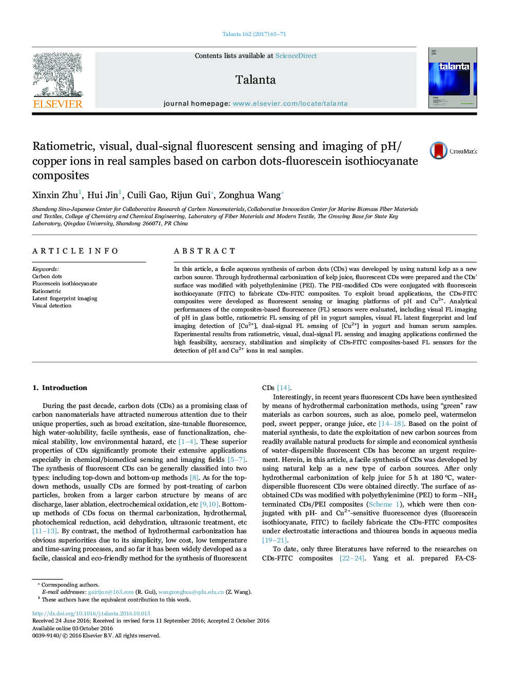 Ratiometric, visual, dual-signal fluorescent sensing and imaging of pH/copper ions in real samples based on carbon dots-fluorescein isothiocyanate composites