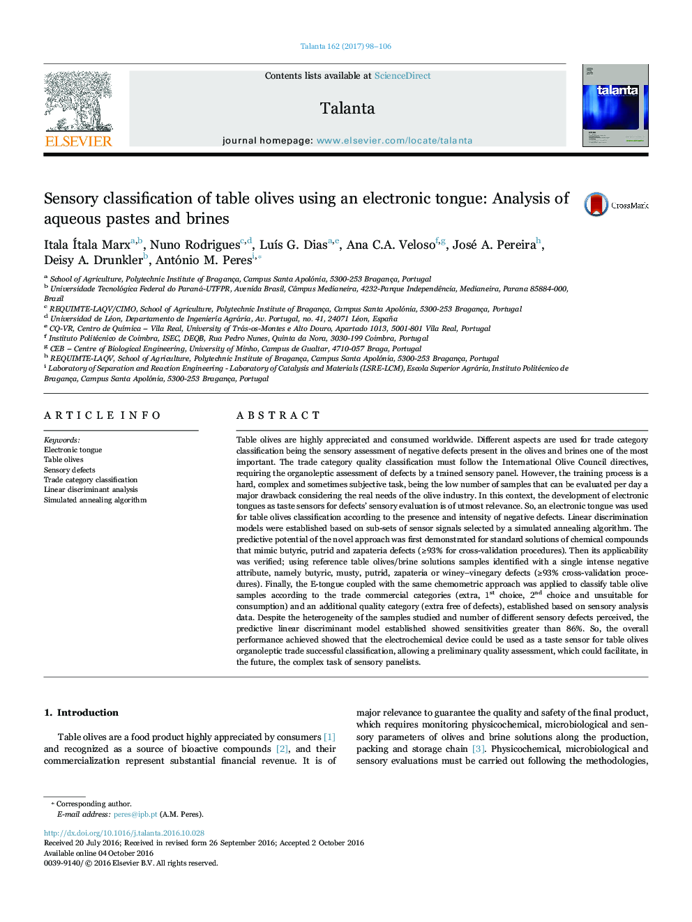 Sensory classification of table olives using an electronic tongue: Analysis of aqueous pastes and brines