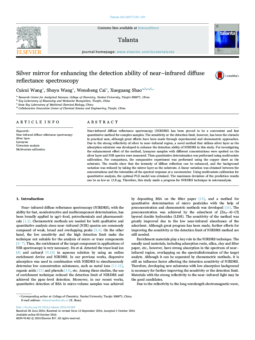 Silver mirror for enhancing the detection ability of near-infrared diffuse reflectance spectroscopy