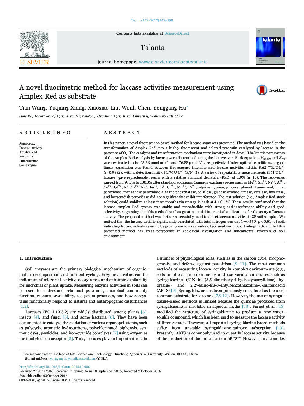 A novel fluorimetric method for laccase activities measurement using Amplex Red as substrate