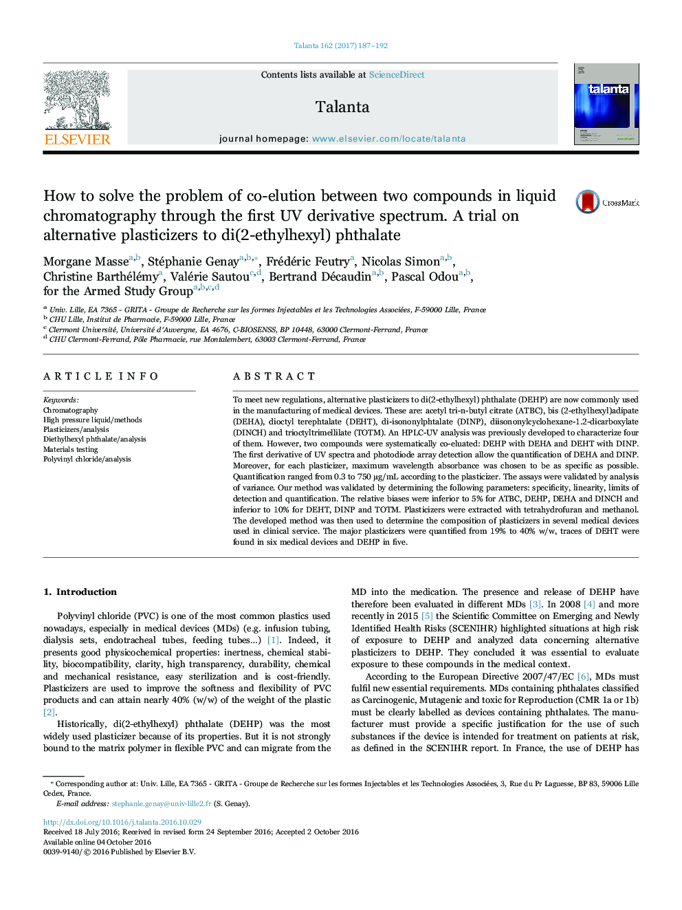 How to solve the problem of co-elution between two compounds in liquid chromatography through the first UV derivative spectrum. A trial on alternative plasticizers to di(2-ethylhexyl) phthalate