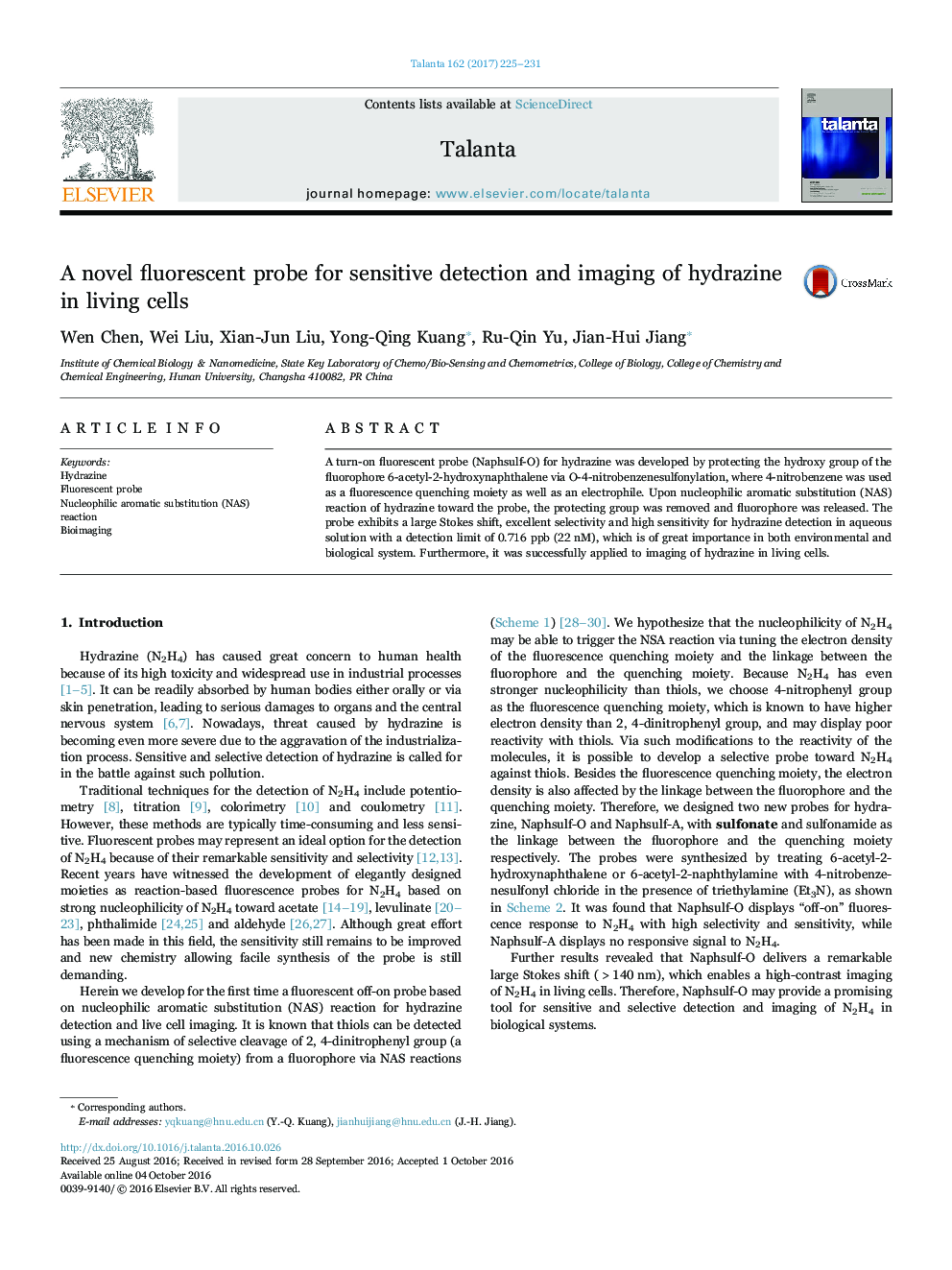 عکس صفحه اول مقاله: A novel fluorescent probe for sensitive detection and imaging of hydrazine in living cells A novel fluorescent probe for sensitive detection and imaging of hydrazine in living cells